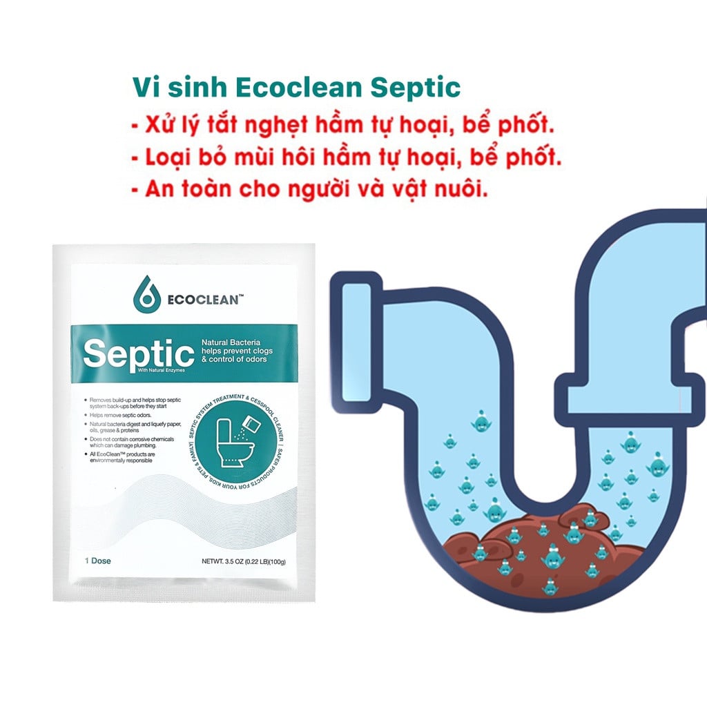 Men Vi Sinh EcoClean Septic –  Thông Tắc Bồn Cầu, Giảm Mùi Hôi – 8936203030112