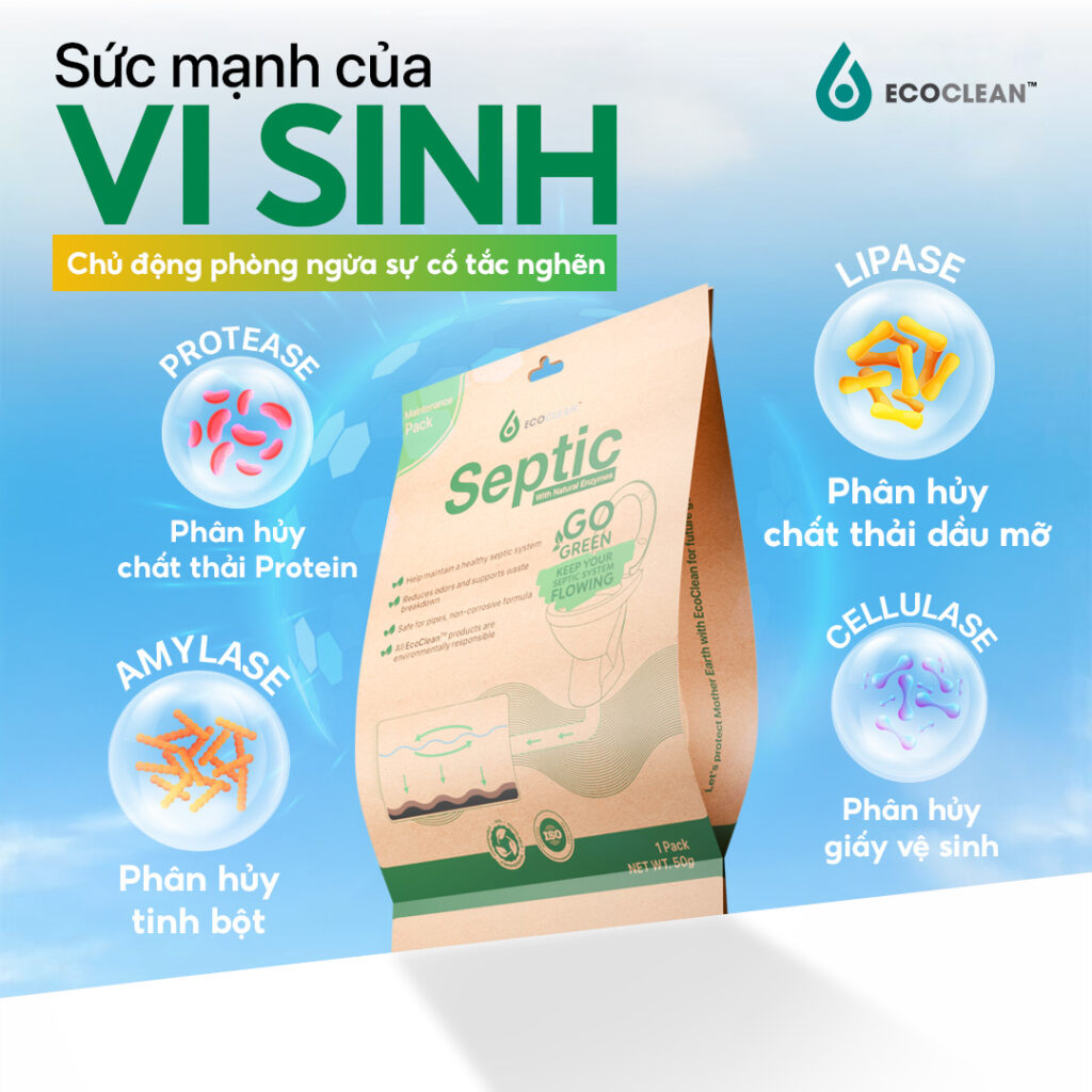 Men Vi Sinh Bể Phốt EcoClean Septic 50g – Khử Mùi Hôi, Ngừa Nghẹt Bồn Cầu